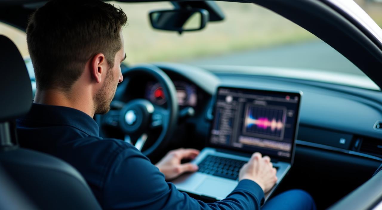 Een expert die een audio-equalizer afstelt via een laptop in een sportwagen