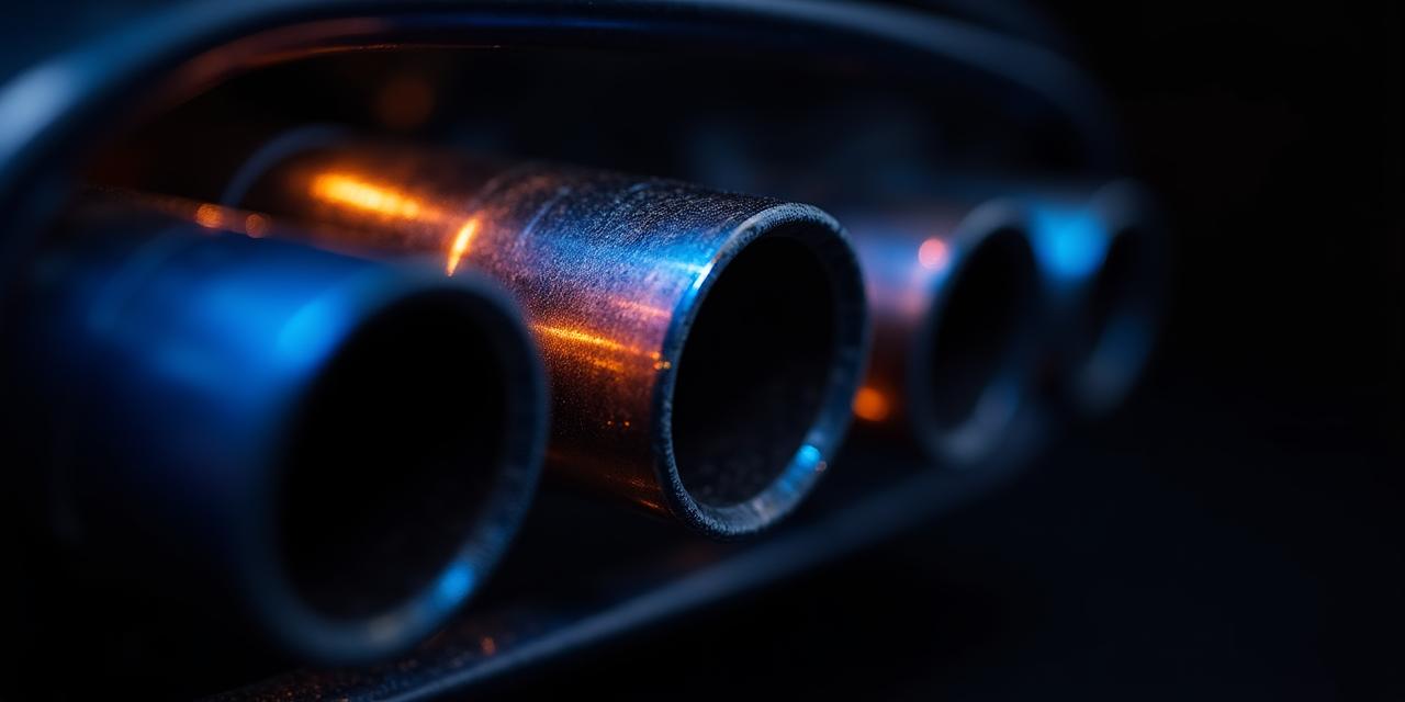 Close-up van een op maat gemaakt titanium uitlaatsysteem met blauwe hittekleuring